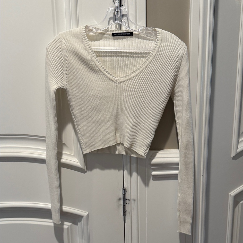 Brandy Melville Cream Ribbed V-Neck Cropped Sweater
